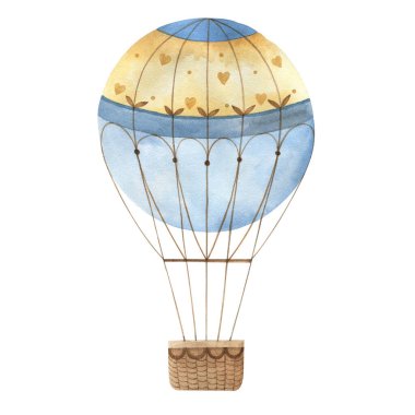 Hasır bir sepetle uçan balon. Beyaz arkaplanda suluboya çizimi.