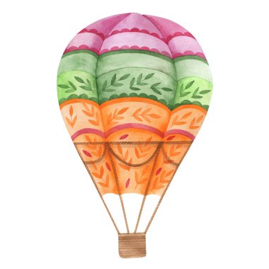 Hasır bir sepetle uçan balon. Beyaz arkaplanda suluboya çizimi.