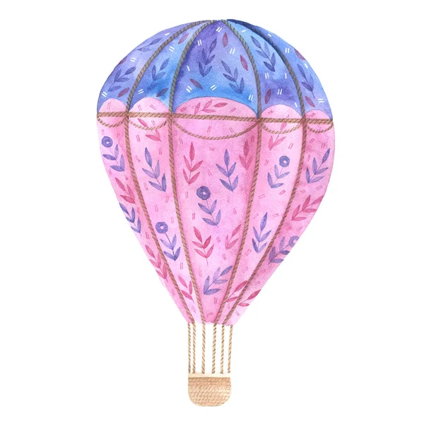 Flying Balloon Wicker Basket Watercolor Drawing White Background — Stock Photo, Image