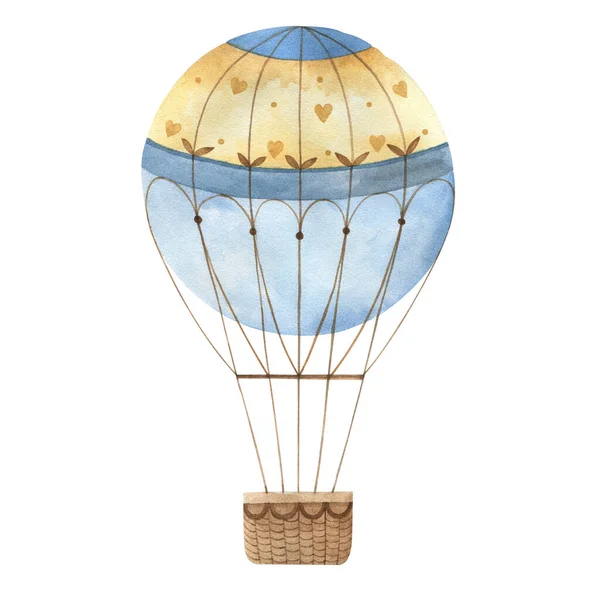 Balão Voador Com Uma Cesta Vime Desenho Aquarela Sobre Fundo — Fotografia de Stock