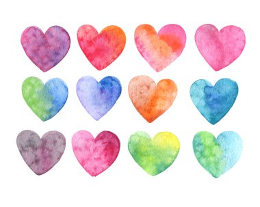 Beyaz arkaplanda çok renkli suluboya kalpler..