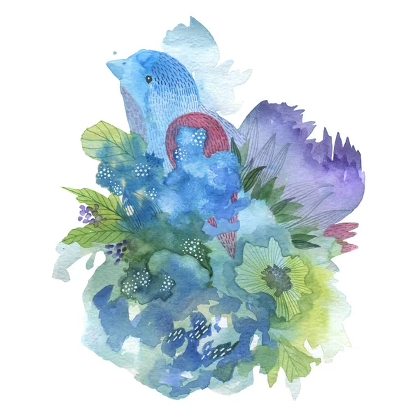 Oiseau Bleu Fleurs Dessin Aquarelle — Photo