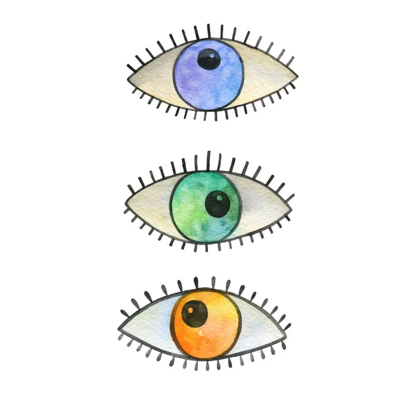 Conjunto Grandes Olhos Multicoloridos Com Pestanas Pretas Desenho Aquarela — Fotografia de Stock