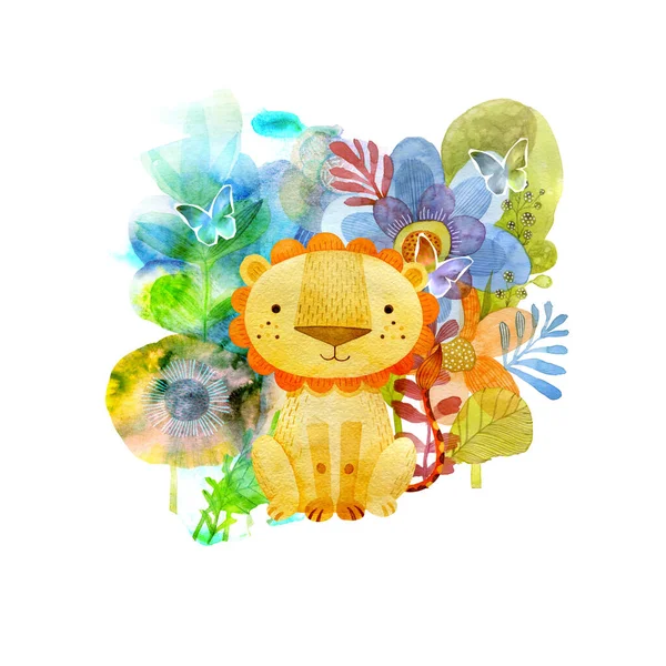 Leão Rei Dos Animais Rodeado Flores Desenho Aquarela — Fotografia de Stock
