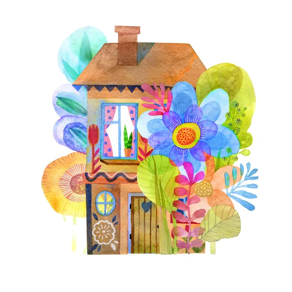 花の中にひっそりと佇む2階建ての素敵な家 水彩画 — ストック写真