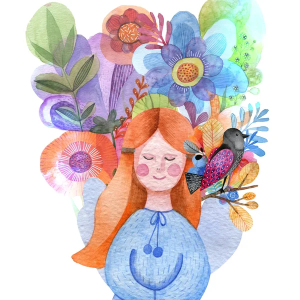红头发的天使女孩被花朵环抱着 枝条上有一只小鸟 水彩画 免版税图库照片