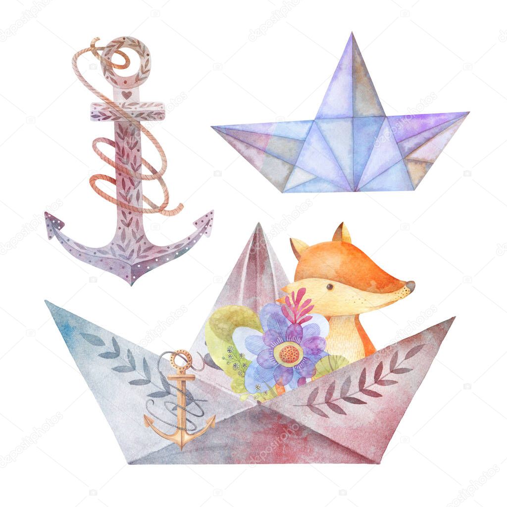 Set of isolated objects on a white background. Paper boats and anchor. A fox with a bouquet of flowers floating in a boat.