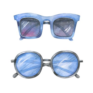 Mavi lensli güneş gözlüğü tasarımcısı. Suluboya çizim. Beyaz arkaplandaki izole nesneler.