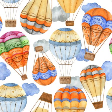 Bulutlarda hasır sepetleri olan kusursuz suluboya balon deseni.