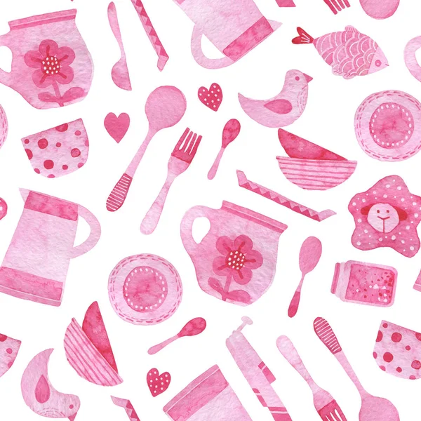 Seamless Watercolor Pattern Pink Kitchen Utensils Simple Background — Stock Photo, Image