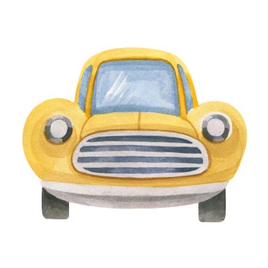 Sarı retro araba. Beyaz arkaplandaki izole nesne. Suluboya çizimi.