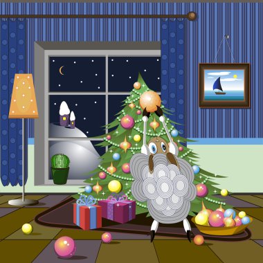 Bir Noel ağacı vasıl gece pencere ile Oda