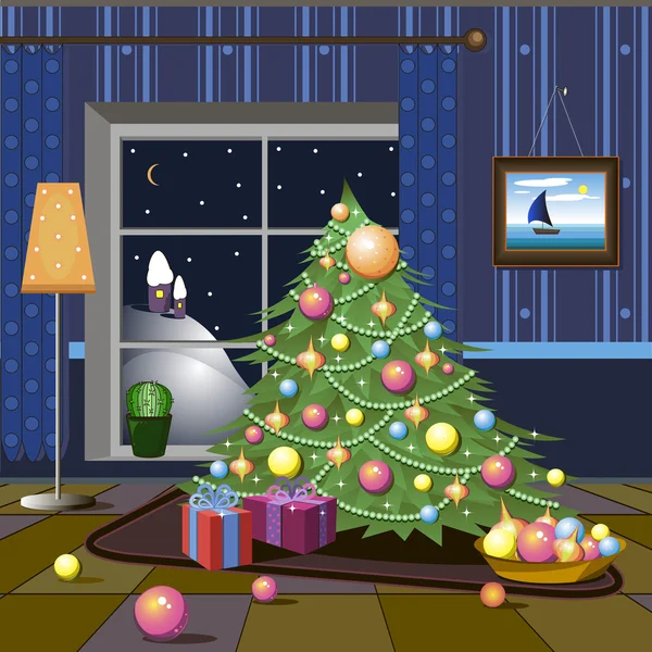 Room with a Christmas tree at night window — Stock Vector