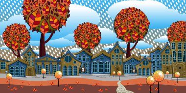 Yağmurlu havalarda sonbahar ormanın ortasında eski kasaba ayakta