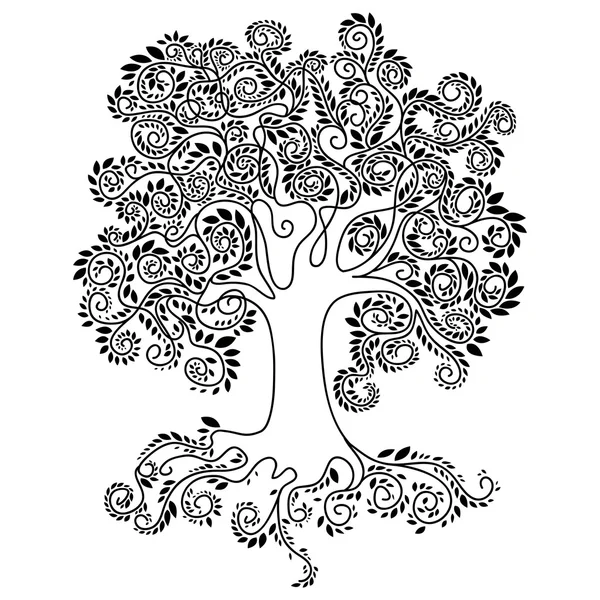 Grand arbre avec une grande couronne composée de petites feuilles blanches, racines, plantes, silhouette d'arbre, silhouette d'arbre, lignes fluides noires sur un fond blanc — Image vectorielle