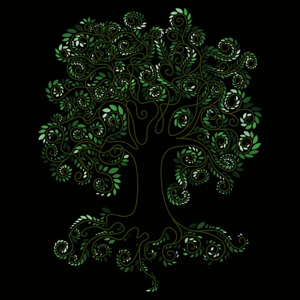 Grand arbre avec une grande écorce composée de feuilles de différentes nuances de vert, branches bouclées de plantes et d'énormes racines — Image vectorielle