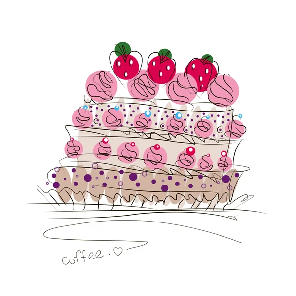 Grande bolo de aniversário, decorado com creme e morangos, executar em estilo gráfico , — Vetor de Stock
