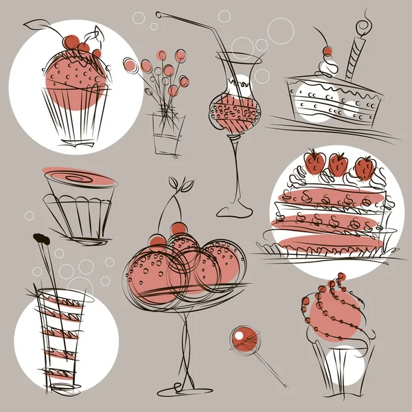 Conjunto de deliciosas golosinas, pasteles y bebidas hechas en estilo gráfico con la adición de manchas de colores — Archivo Imágenes Vectoriales