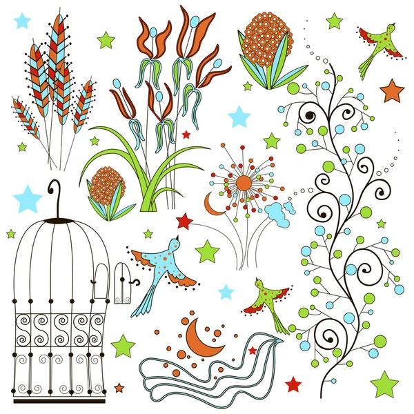 Ensemble de fleurs et de plantes elementov.dekorativnye boucles et fleurs, tiges étoiles, oiseaux, cage. Objets vectoriels mariage et anniversaire — Image vectorielle