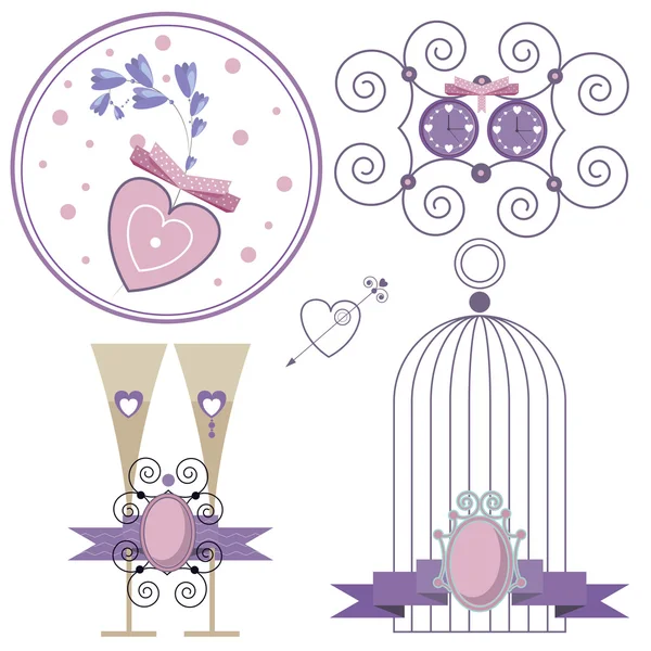 Conjunto de elementos de la boda que simbolizan el amor y el matrimonio para decorar tarjetas e invitaciones, narisovonny en colores suaves, pastel púrpura y rosa — Archivo Imágenes Vectoriales