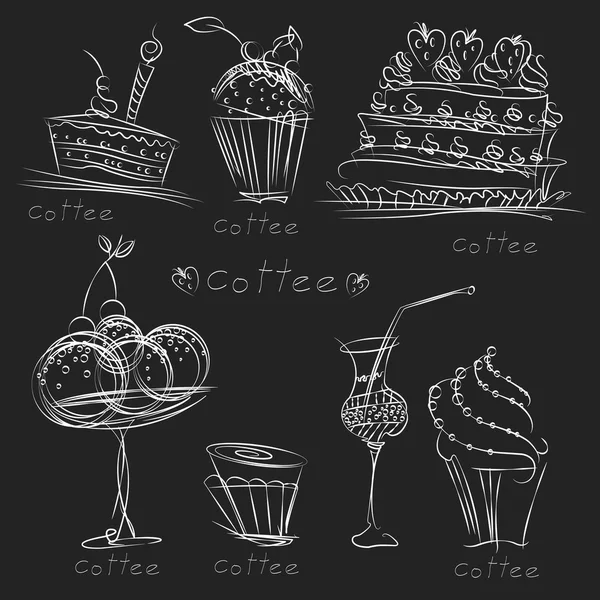 Zbiór zdjęć żywności, ciastka, słodycze, napoje i koktajle w formie sylwetka, białe linie na czarnym tle, ołówek rysowanie — Wektor stockowy