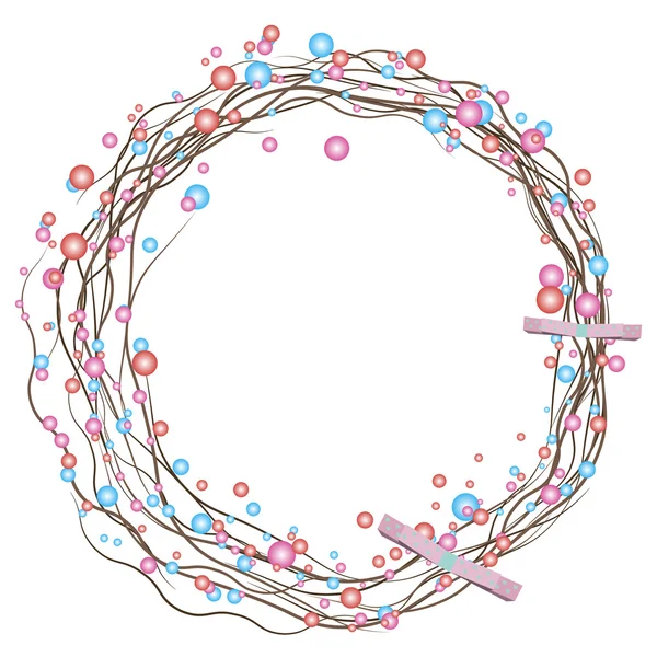 Festive Easter wreath of dried twigs, colored pearls and bows. symbol of Easter — Stock Vector