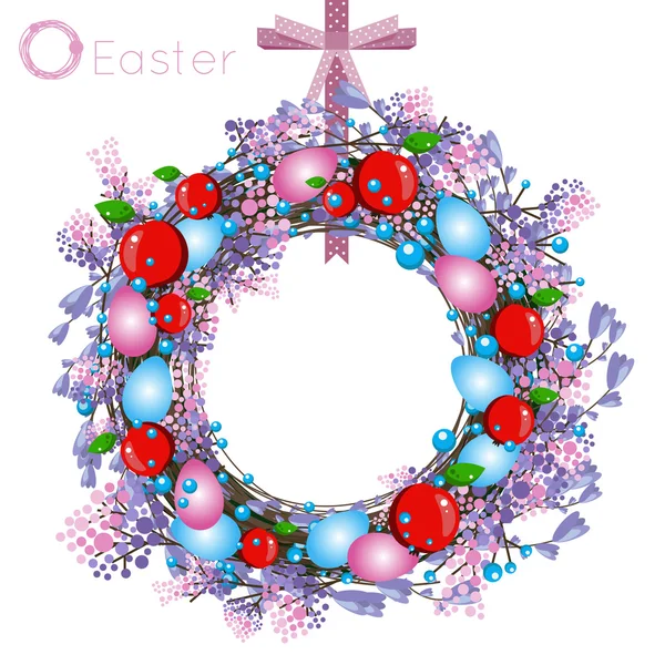 Grinalda de férias de Páscoa que consiste em ovos brilhantemente coloridos, galhos ternos de lilás e várias bagas, símbolo de férias — Vetor de Stock