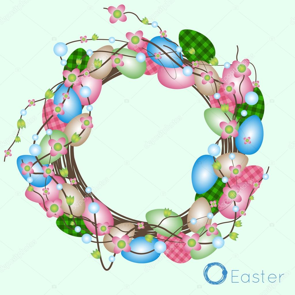 Disegno della corona di Pasqua posto da rami secchi fiori fiori bacche e dipinto le uova decorative — Vettoriali di IAKOVET