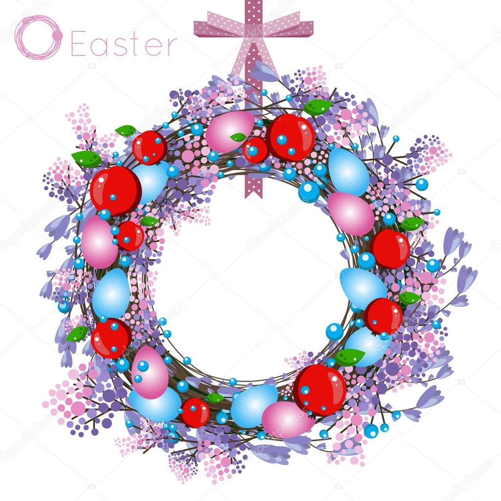 Easter holiday wreath consisting of brightly colored eggs, tender twigs of lilac and various berries, holiday symbol