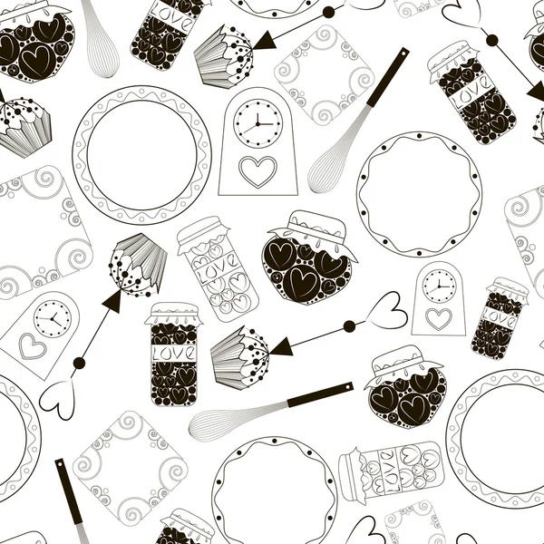 Mutfak eşyaları, kahverengi siluetleri üzerinde beyaz bir arka plan görüntüsü ile sorunsuz arka plan — Stok Vektör
