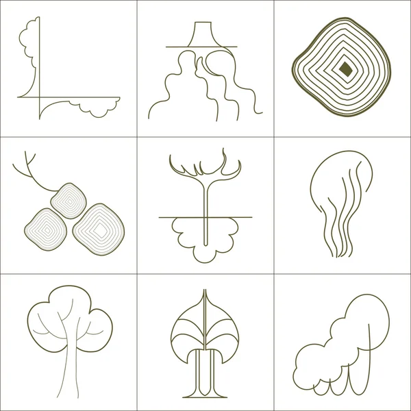 Zestaw ikon, symbole zielonych roślin, drzew, korzeni i koronował zielony sylwetka na białym tle — Wektor stockowy