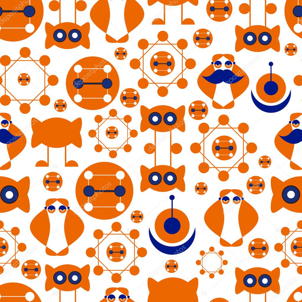 Seamless background consisting of abstract symbols, orange and blue