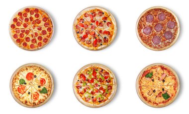 Menü için altı farklı pizza seti. Pepperoni 2) Pepperoni ve jambon 3) Salam 4) Margarita 5) Pizza Pepperoni delüks 6) Pizza Hawaii. 