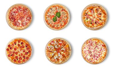 Menü için altı farklı pizza seti. İtalyan yemekleri geleneksel yemekler. 1) Salamlı et pizzaları 2) deniz ürünleri 3) jambon 4) pepperoni 5) barbekü 6) alevli turta. 