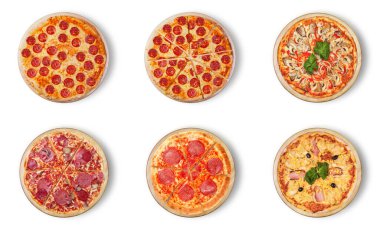 Menü için altı farklı pizza seti. İtalyan yemekleri geleneksel yemekler. Mozzarella, salam, sosis, sucuk ve jambonlu et pizzası..