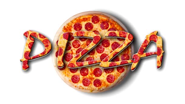 Video točící se pepperoni pizzy na bílém talíři s nápisem Pizza