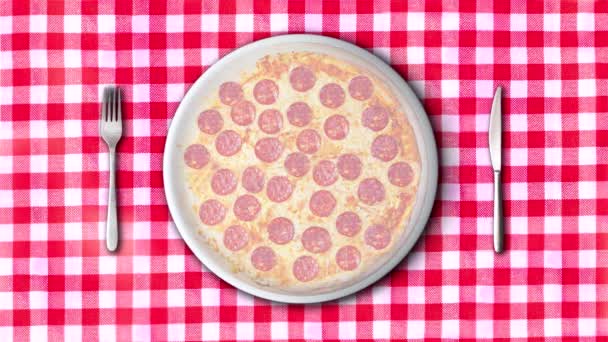 Imagem Pizza Uma Toalha Mesa Colorida Pronta Para Comer — Vídeo de Stock