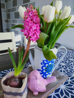 Vazoda beyaz laleler ve bahar süslemeli pembe sümbül.