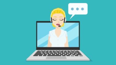 Çizgi film stili, müşteri hizmetleri desteğinin renkli animasyonu. Kulaklıklı mutlu sarışın kadın dizüstü bilgisayarında konuşuyor. Canlandırmayı düzenlemek kolaydır..