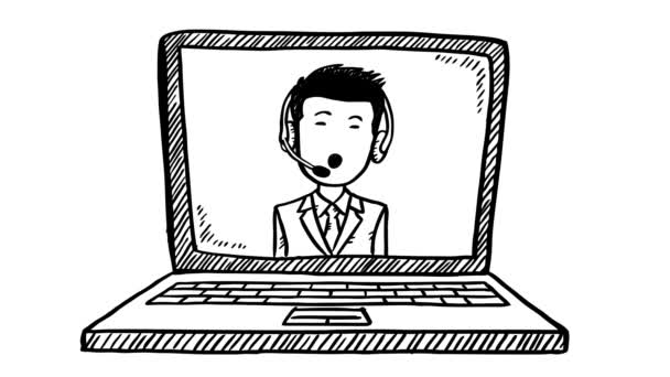 顧客サービスサポートマンの黒と白の漫画スタイルのアニメーションは ノートブック画面に表示されます 会話アニメーションは簡単にループを編集できます — ストック動画