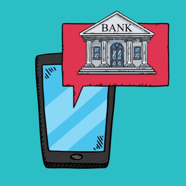 Ekranda banka uygulamalı akıllı telefonu tutmanın renkli, karalama tarzı bir tasviri. Çevrimiçi bankacılığın el çizimi vektör illüstrasyonu.