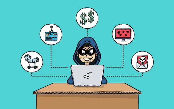 Dizüstü bilgisayarı olan hacker 'ın karikatür vektörü, simgelerle çevrili. Çizim stili karalama renkli resimleme.