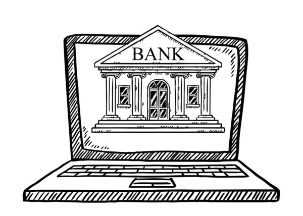Dizüstü bilgisayar ekranında Bank uygulamasının siyah beyaz çizgi film stili vektör çizimi. Doodle tarzı illüstrasyon. Çevrimiçi bankacılığın el çizimi vektör illüstrasyonu.