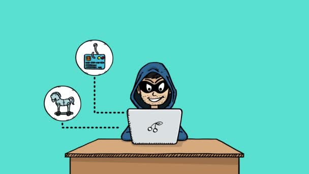 Cartoon Style Animation Hacker Working His Laptop Surrounded Icons Hacker — Stock Video