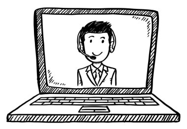 Müşteri hizmetleri çalışanının çizgi film tarzı karalaması defter ekranında görünüyor. El çizimi karalama vektörü çizimi.