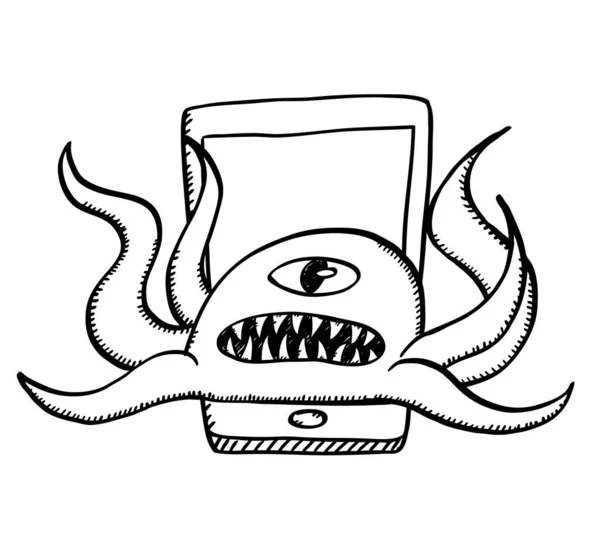 Черно Белая Векторная Иллюстрация Компьютерного Вируса Атакующего Мобильный Телефон Один — стоковый вектор