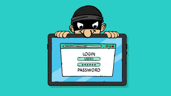 Kullanıcı giriş yapmaya çalışırken maskeli hacker 'ın özel tableti görüntülemesinin renkli, çizgi film tarzı vektör çizimi. Hacker web sitesinden özel verileri çalmak istiyor. El yapımı ilüstrasyon.