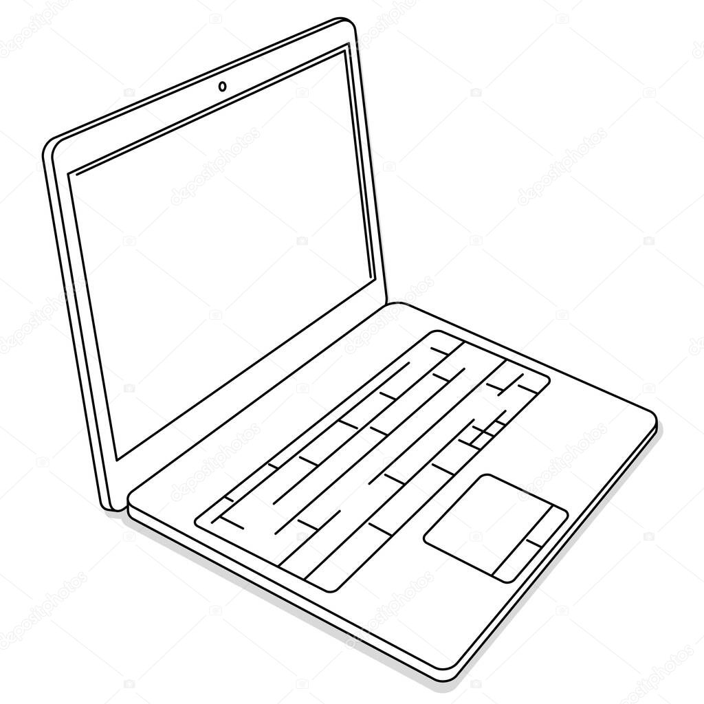 Black and white laptop. Black outline and white filling on transparent background.