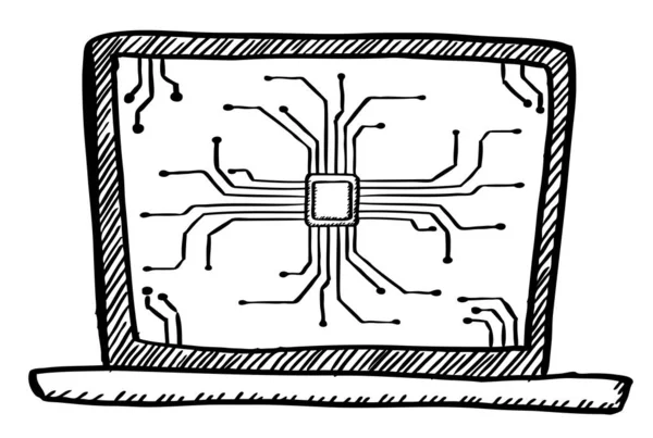 Rajzfilm Stílus Fekete Fehér Firka Notebook Számítógép Cpu Puzzle — Stock Vector