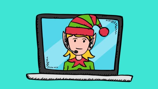 セルフカスタマーサポートヘルプデスクの漫画スタイルのビデオアニメーション ヘッドフォンで自己の衣装で女性のドレスは机を助ける 動画はループを簡単に編集できます — ストック動画